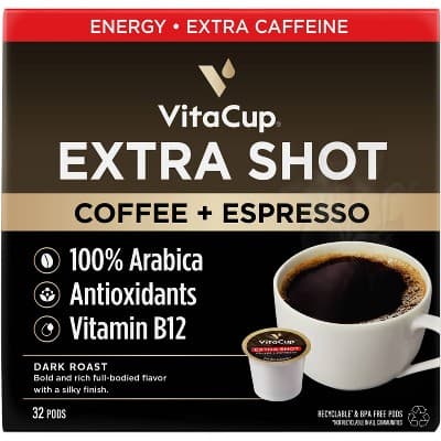 Vitacup Extra Shot Coffee Pods W/Espresso Shot For High Caffeine