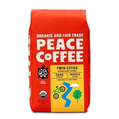 Peace Coffee Organic Fair Trade Twin Cities Blend Dark Roast Whole Bean Coffee
