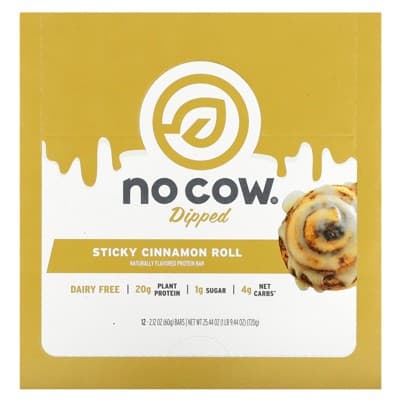 No Cow Dipped Protein Bar, Sticky Cinnamon Roll, 12 Bars