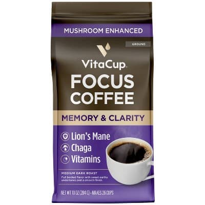 Vitacup Focus Ground Coffee Medium Roast Cognitive &#38; Immunity Support Lions Mane, Chaga Mushroom &#38; B Vitamin