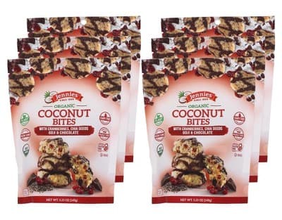 Jennies Organic Coconut Bites With Cranberries, Chia Seeds, Goji & Chocolate