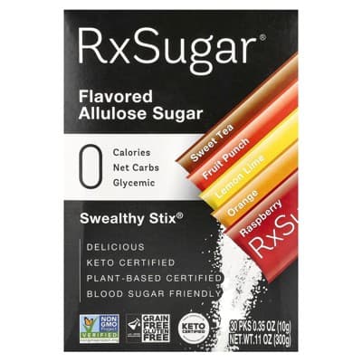 Rxsugar Swealthy Stix, Flavored Allulose Sugar, Sweet Tea, Fruit Punch, Lemon Lime, Orange, Raspberry