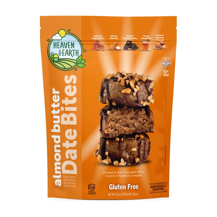 Heaven & Earth Almond Butter Date Bites Drizzled In Dark Chocolate With A Crunch Of Hazelnut Croquant