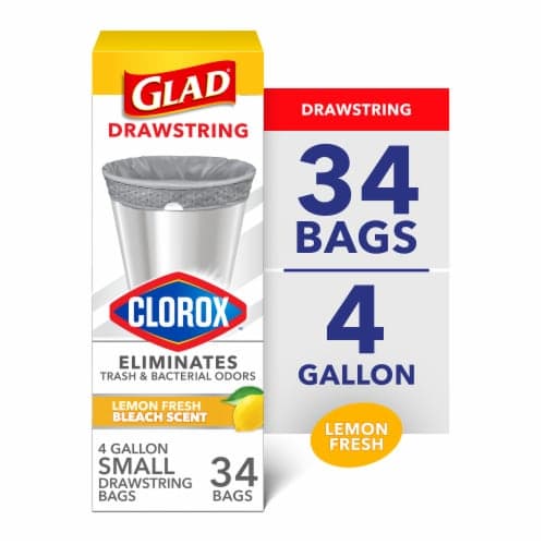 Glad Drawstring Bags, Small, Lemon Fresh Bleach Scent, 4 Gallon