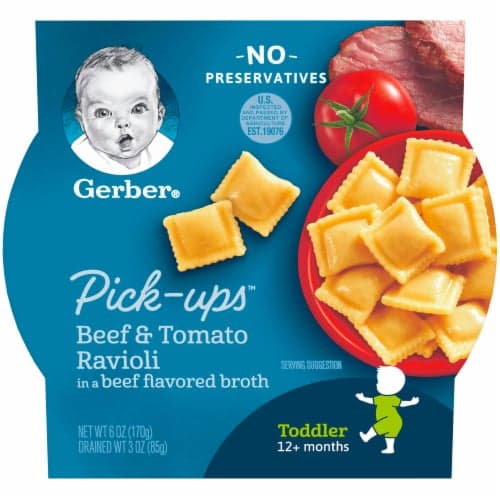 Gerber Pasta Pick-Ups, Beef And Tomato Ravioli Packed In Beef Flavored Broth, Tray