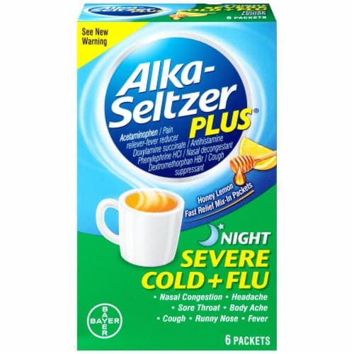 Alka Seltzer Severe Cold + Flu, Night, Fast Relief Mix In Packets, Honey Lemon