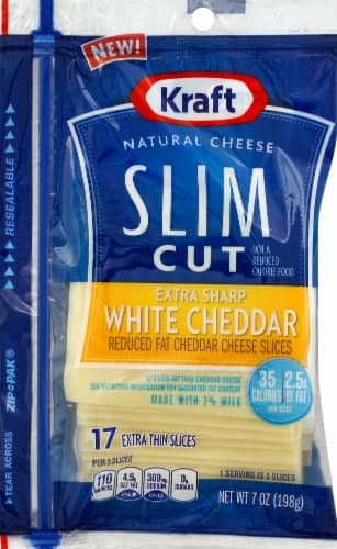 Kraft Slim Cut Reduced Fat Extra Sharp White Cheddar Cheese Slices, - Wrapper