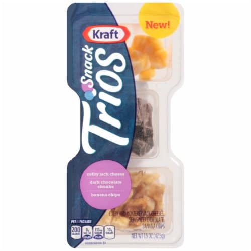 Kraft Snack Trios, Colby Jack Cheese, Dark Chocolate Chunks, Banana Chips