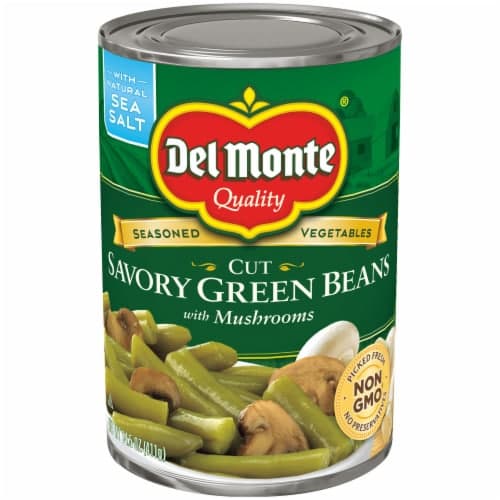 Del Monte Green Beans, Savory, With Mushrooms, Cut