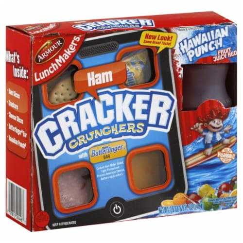Armour Lunchmakers Ham Cracker Crunchers. Tray With Hawaiian Punch Fruit Juicy Red Flavored Juice Drink. Oz