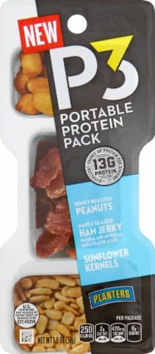 P3 Honey Roasted Peanuts, Sunflower Kernels And Maple Glazed Ham Jerky Portable Protein