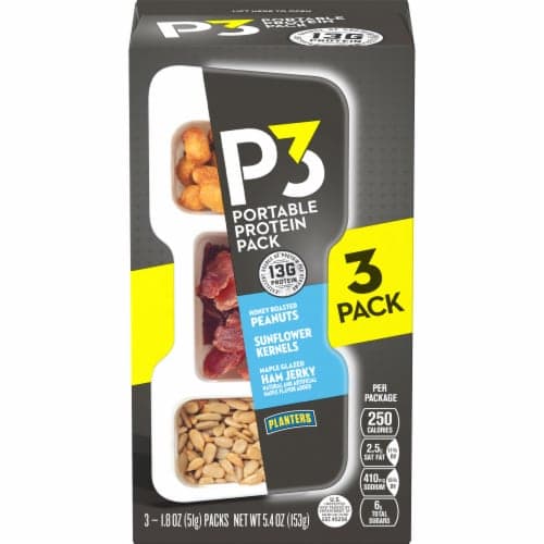 P3 Honey Roasted Peanuts, Sunflower Kernels & Maple Glazed Ham Jerky Snack Mix
