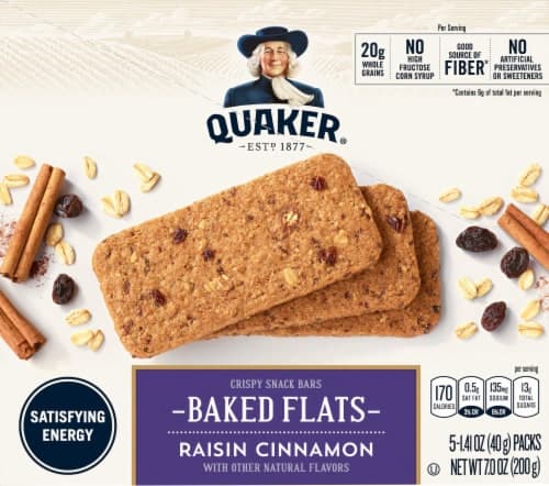 Quaker Snack Bars, Raisin Cinnamon, Crispy, Baked Flats