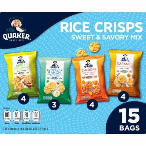 Quaker Rice Crisps Sweet & Savory Mix Variety Pack: Apple Cinnamon, Buttermilk Ranch, Cheddar And Caramel 15 Bags