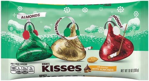 Kisses Chocolates With Almonds, Gluten-Free Milk Chocolate Covered Almond Candy Wrapped In Red, Gold, And Green Foil In Holiday Packaging, Bag (Pack Of 