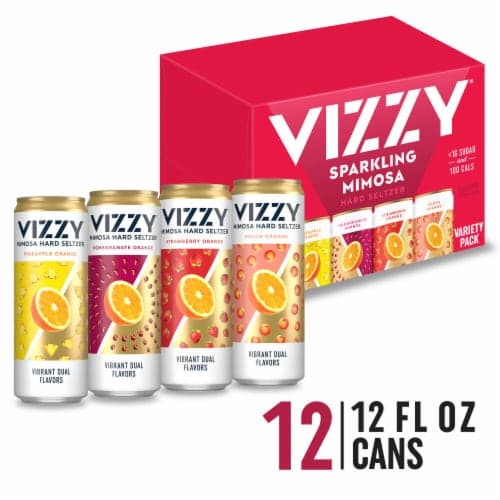 Vizzy Mimosa Hard Seltzer With Antioxidant Vitamin C From Acerola Superfruit Pomegranate Orange, Pineapple Orange, Strawberry Orange, Peach Orange