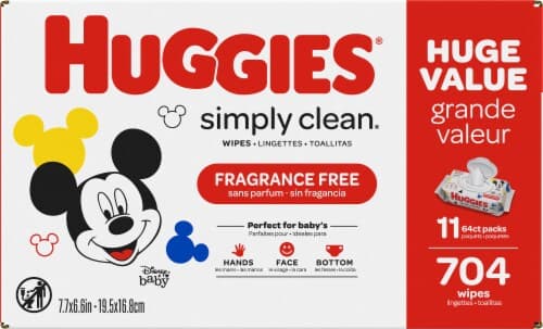Huggies Simply Clean Fragrance-Free Baby Wipes, Soft Pack (11-Pack, 704 Sheets Total), Alcohol-Free, Hypoallergenic