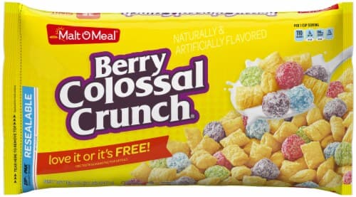 Malt O Meal Berry Colossal Crunch Cereal. Zip Pak
