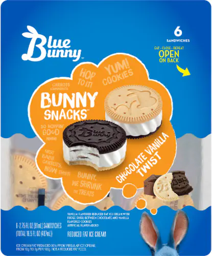 Blue Bunny Bunny Snacks Ice Cream Sandwiches, Reduced Fat, Chocolate Vanilla Twist