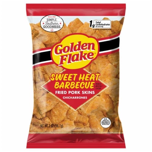Golden Flake Pork Skins, Fried, Chicharrones, Sweet Heat Barbecue Flavored