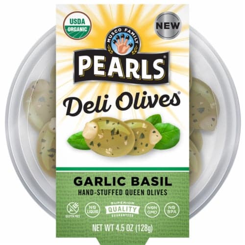 Pearls Deli Olives Organic Garlic Basil Stuffed Olives