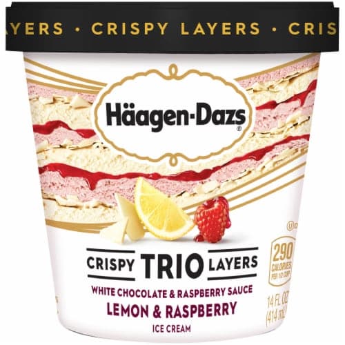 Haagen Dazs Ice Cream, Crispy Trio Layers, White Chocolate & Raspberry Sauce, Lemon & Strawberry