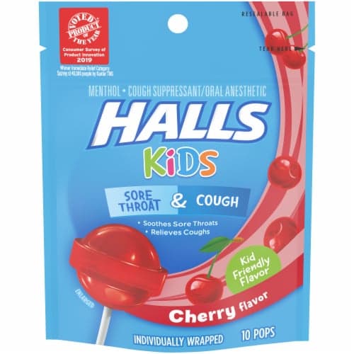 Halls Kids Cherry Flavor Sore Throat & Cough Suppressant Menthol Pops