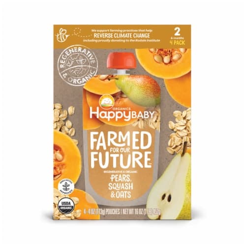 Happy Baby Organics Farmed For Our Future Pear Squash & Oats Stage 2 Baby Food Pouches
