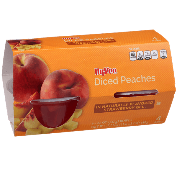 Hy-Vee Diced Peaches In Strawberry Gel, 4- Bowls