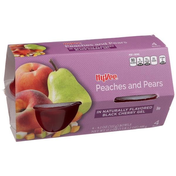 Hy-Vee Peaches And Pears In Black Cherry Gel - 4- Bowls