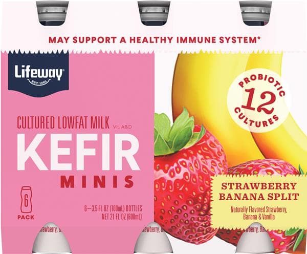 Lifeway Kefir Minis Strawberry Banana Split Cultured Lowfat Milk 6-. Oz. Bottles