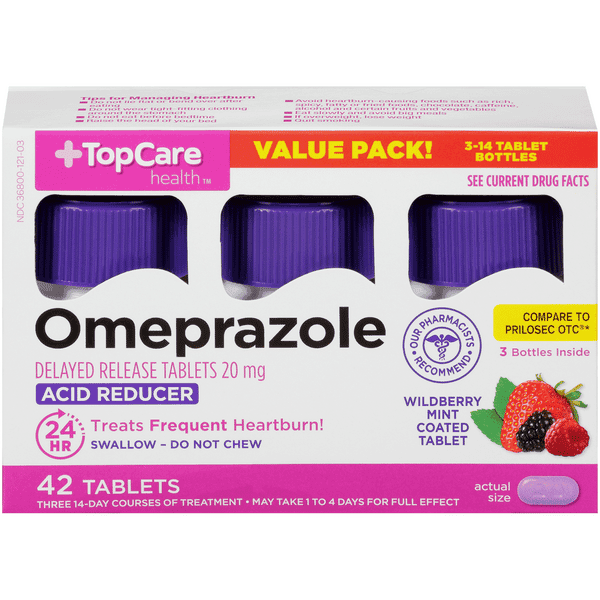 Topcare Omeprazole Acid Reducer Wildberry Mint Flavor Tablets 3-14 Day Course