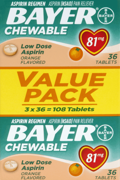 Bayer Chewable Low Dose Aspirin Regimen Pain Reliever Orange Flavor Tablets