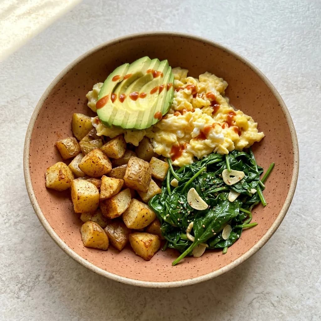 Savory Breakfast Bowl with Eggs, Roasted Potatoes & Greens