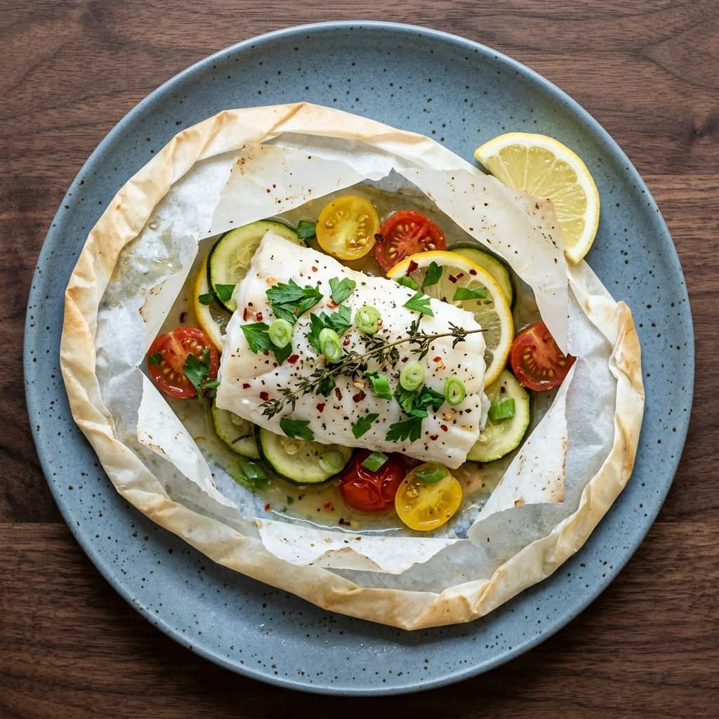 Cod en Papillote with Lemon, Herbs & Cherry Tomatoes