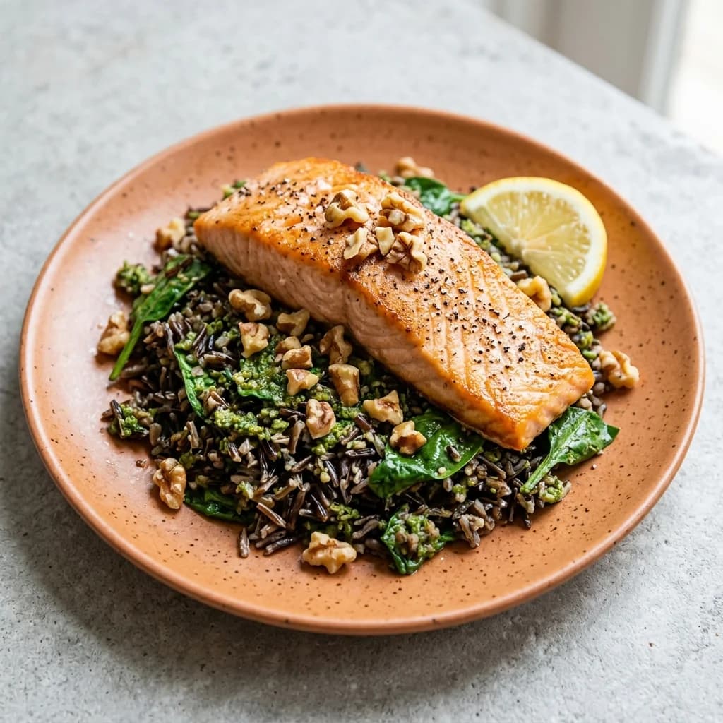 Pesto-Walnut Wild Rice Pilaf with Salmon & Spinach