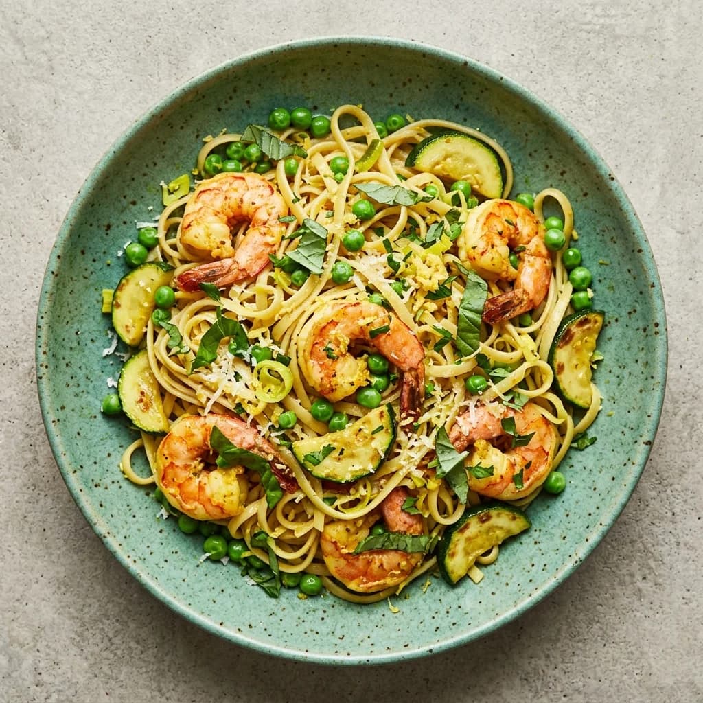 Ginger-Turmeric Shrimp Pasta Primavera with Zucchini & Peas