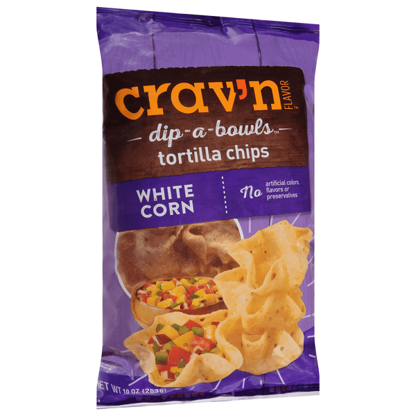 Crav'N Flavor Tortilla Chips, White Corn, Dip-A-Bowls