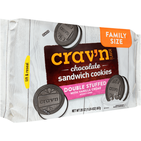 Crav'N Flavor Vanilla Creme Double Stuffed Chocolate Sandwich Cookies Family Size