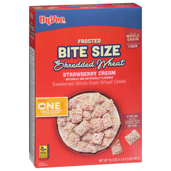 Hy-Vee One Step Strawberry Cream Frosted Bite Size Shredded Wheat Cereal