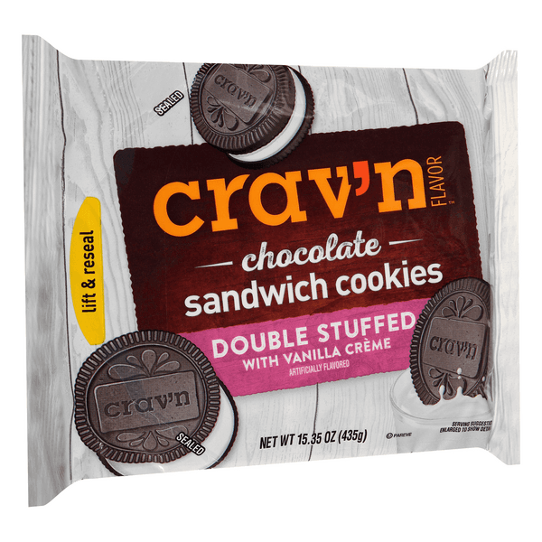Crav'N Flavor Double Stuffed Vanilla Creme Chocolate Sandwich Cookies