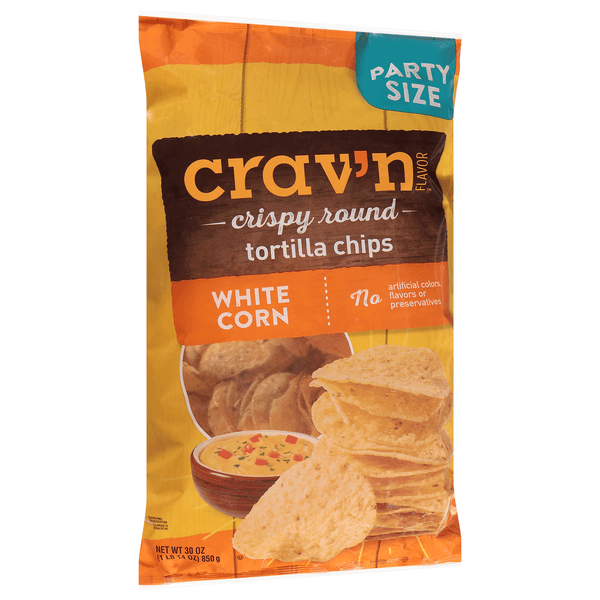 Crav'N Flavor Tortilla Chips, White Corn, Crispy Round, Party Size