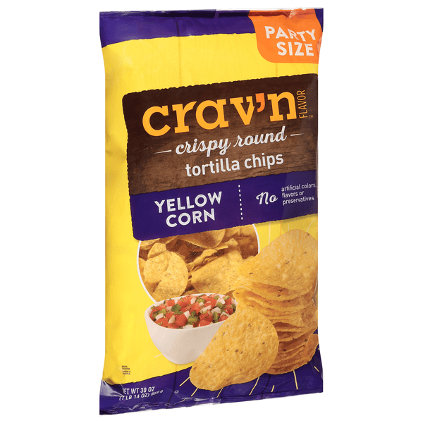 Crav'N Flavor Tortilla Chips, Yellow Corn, Crispy Round, Party Size