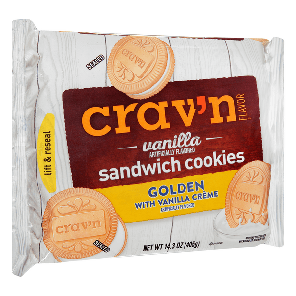 Crav'N Flavor Sandwich Cookies, Vanilla, Golden With Vanilla Creme