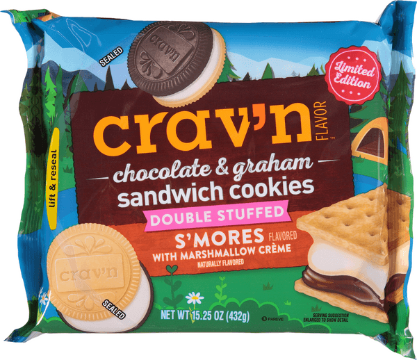 Crav'N Flavor S'Mores Sandwich Cookies Chocolate & Graham Double Stuffed
