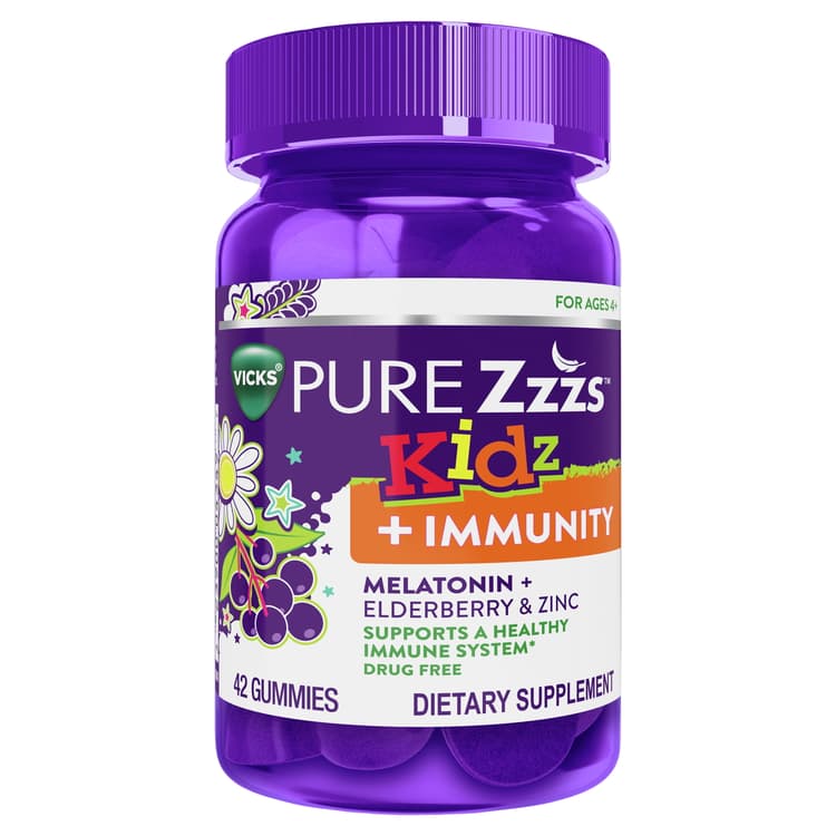 Vicks Pure Zzzs Kidz + Immunity, Melatonin Sleep Aid Gummies For Kids And Children, Elderberry, Zinc, Lavender, Valerian Root And Chamomile, Natural Berry Flavor, 42 Gummies