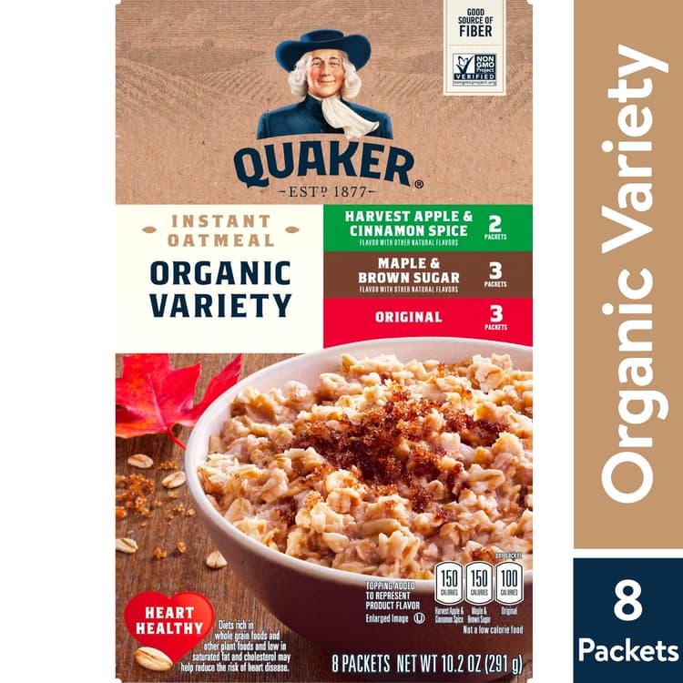 Quaker Instant Oatmeal, Organic, Variety Pack, (3 Maple & Brown Sugar, 2 Apple & Cinnamon Spice, 3 Original