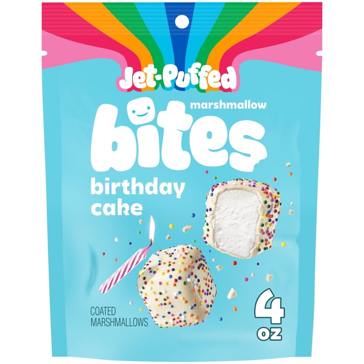 Jet-Puffed Marshmallow Bites Birthday Cake Flavored Coated Marshmallows, Resealable Bag