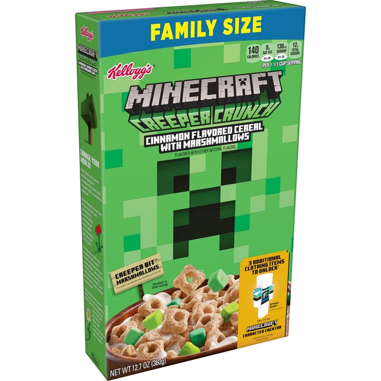Kellogg'S Minecraft Creeper Crunch Breakfast Cereal, 7 Vitamins And Minerals, Kids Snacks, Cinnamon With Marshmallows