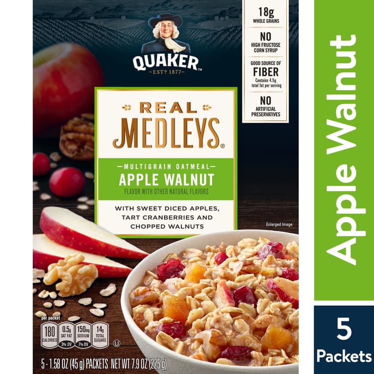 Quaker Real Medleys, Multigrain Instant Oatmeal, Apple Walnut